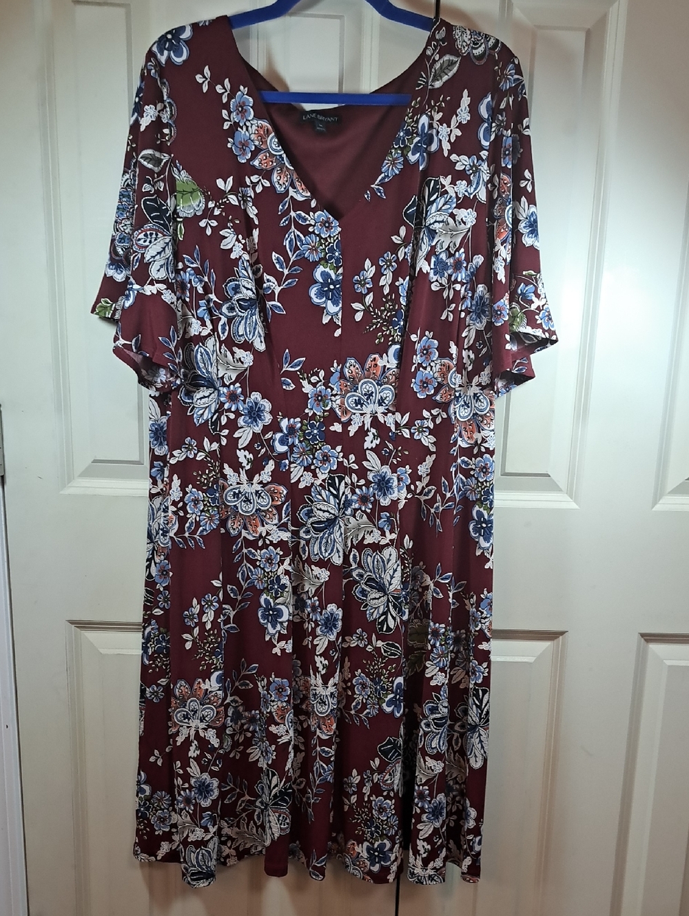LANE BRYANT  Burgundy Floral V-Neck Midi Dress with Blue & White Blooms